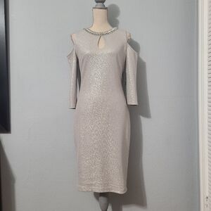 Melrose‎ Social Keyhole Metallic Knit Cold Shoulder Midi Elegant Silver Dress